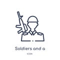 Linear soldiers and a weapon icon from Army outline collection. Thin line soldiers and a weapon vector isolated on white