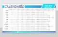 2022 linear Spanish calendar. Calender planner template for year. Week starts Monday. Annual grid