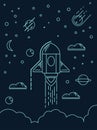 Linear Startup project vector illustration.Rocket lunch and smoke. Sky with clouds, planets,