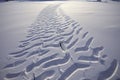 Traces in a geometric pattern on a snow-covered ground left by people or objects in a silent winter landscape.