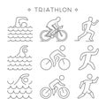 Linear triathlon symbol. Vector figures triathletes.