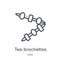 Linear two brochettes icon from Bistro and restaurant outline collection. Thin line two brochettes vector isolated on white