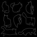 Linear vector art: cat silhouettes on black isolated background. Different poses: sitting, lying, resting, playing, hunting. Royalty Free Stock Photo