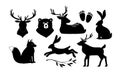 Linear vector collection of silhouette of animals. Wild forest animal deer, rabbit, bear, fox, animal tracks . Perfect for logo,