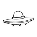 Linear vector isolated element of a UFO flying saucer. the alien ship is hand-drawn in the style of doodles, a black outline on a Royalty Free Stock Photo