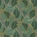 Linear vector pattern, repeating abstract chaotic leaf or leaves with midrib and vein in golden color.