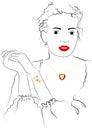 Linear vector sketch of a fashionable girl with gold bracelets and a chain