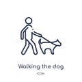 Linear walking the dog icon from Behavior outline collection. Thin line walking the dog vector isolated on white background. Royalty Free Stock Photo