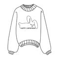 Linear winter sweater badge. Winter sweater with a cute rabbit - the symbol of 2023. Winter sweater icon with a thin