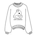 Linear winter sweater badge. Winter sweater with a cute rabbit - the symbol of 2023. Winter sweater icon with a thin