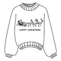 Linear winter sweater badge. Winter sweater with a pattern. Vector sleigh with reindeer, Santa Claus sleigh.Drawing in Royalty Free Stock Photo