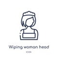 Linear wiping woman head icon from Cleaning outline collection. Thin line wiping woman head vector isolated on white background.