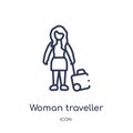 Linear woman traveller icon from Ladies outline collection. Thin line woman traveller icon isolated on white background. woman