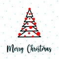 Linear xmas tree greeting card with Merry Christmas lettering. Linear xmas tree with spruce needles, red garland and