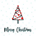 Linear xmas tree greeting card with Merry Christmas lettering. Linear xmas tree with spruce needles, red garland and