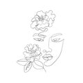 Lineart female face. Asian women drawn in one line, camellia flowers boho style for business, invitations, price lists