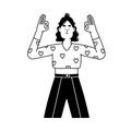 Lineart girl character gesturing OK with both hands. Funny woman showing approval with super, okay sign. Expression of