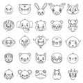 Lineart Isolated animals cute baby cartoon cubs flat design head icons set character vector illustration