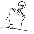 Light bulb in head in one single Continuous one line drawing. Royalty Free Stock Photo