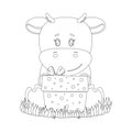 Lineart of little bull calf on the glade with gift box.