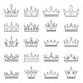 Lineart medieval royal crown queen monarch king lord outline icons set isolated vector illustration