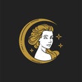 Lineart portrait mystic woman at golden half moon surrounded by space stars minimalist icon