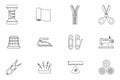 Lineart sewing tools cloth tailoring craft sew fashion hobby flat design isolated isolated icons set vector illustration Royalty Free Stock Photo