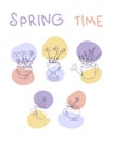 Lineart spring flowers crocuses, lavender, daffodils, daisy and pansy poster. Hand drawn vector illustration Royalty Free Stock Photo