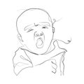 Lineart vector illustration of a yawning baby