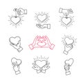 Lined hand love signs. Vector hands making heart shape