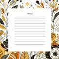 Lined note writing paper with foliage drawing frame pattern template, paper note, memo, notepad for reminder