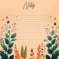 Lined note writing paper with foliage drawing frame pattern template, paper note, memo, notepad for reminder