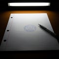 Lined notebook paper with a printed university seal lies under bright overhead light, Royalty Free Stock Photo