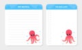 Lined Notes and To Do List with Cute Funny Pink Octopus with Tentacles Vector Template Royalty Free Stock Photo