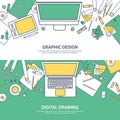 Lined, ouline flat graphic web design. Drawing and painting. Development. Illustration and sketching, freelance. User Royalty Free Stock Photo