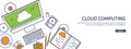 Lined, outline vector illustration. Workplace table with documents, computer. Flat cloud computing background. Media Royalty Free Stock Photo
