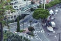 Lined road junction for racing against the backdrop of expensive real estate in the city. Top view