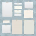 Lined, striped, notebook, notepad paper sheets for note or message stuck with sticky tape on squared background.