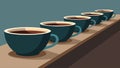 Lined up along the countertop a row of elegant china cups filled to the brim with rich dark coffee a perfect