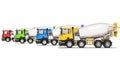 Lined up Cement Mixers with Cabins in Different Colors