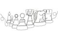 Lined up chess pieces in one line on a white background.