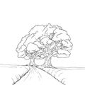 Linedrawing of a big tree on a grassy hill Royalty Free Stock Photo