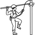 Lineman climbing utility pole outline style worker technician electrical maintenance. Royalty Free Stock Photo