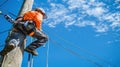 The lineman on electric pole. AI generated Royalty Free Stock Photo