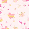 seamless pattern love, gift, cup cake, pink linen color background Royalty Free Stock Photo
