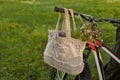 A linen bag with a bouquet of wildflowers hangs on the handlebars of a bicycle