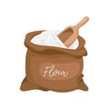 Linen bag with flour and wooden spatula. Agriculture icon, design element