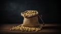 Linen bags filled with soybeans arranged on a wooden table Royalty Free Stock Photo