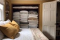 linen closet, with stack of freshly laundered pillowcases and sheets