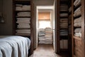 linen closet, with stacks of freshly laundered towels and sheets